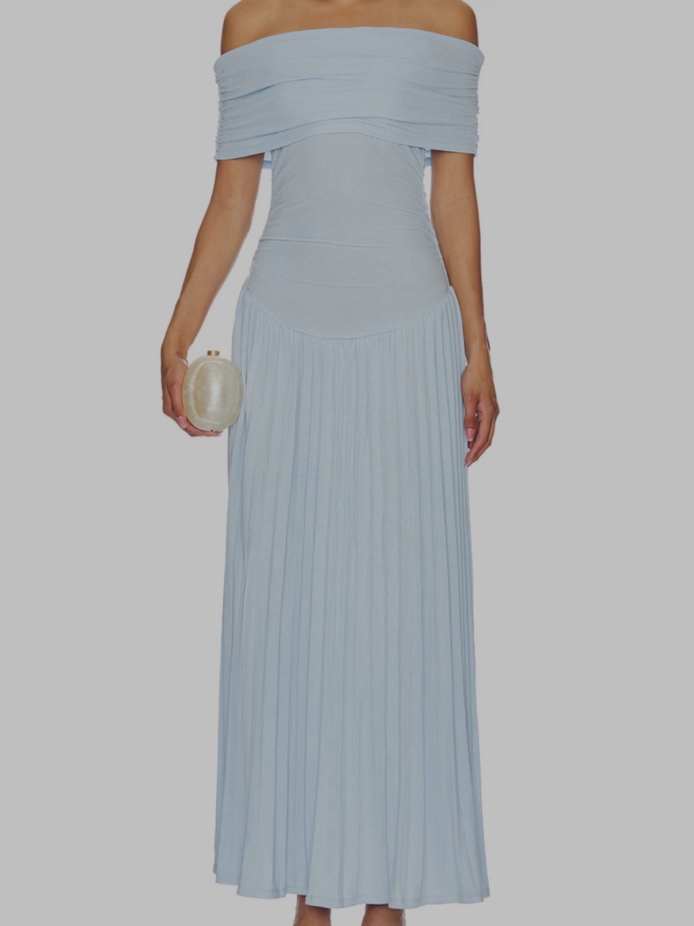 Lioness Field of Dreams Off-Shoulder Light Blue Pleated Maxi Dress